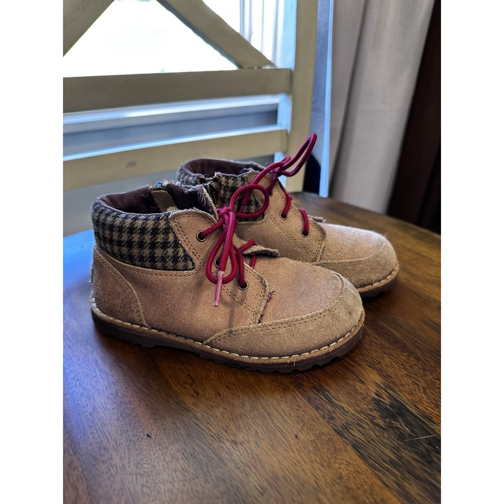 UGG Boots Kids Tan Red Houndstooth Suede Lace Up Side Zip Cozy Warm Gorpcore 10